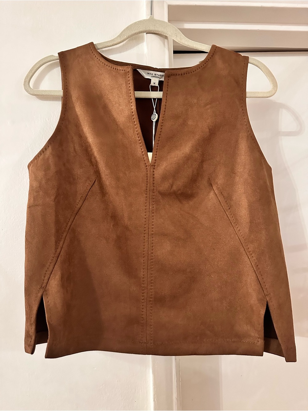 Max Studio Tan Faux Suede V-Neck Sleeveless Top